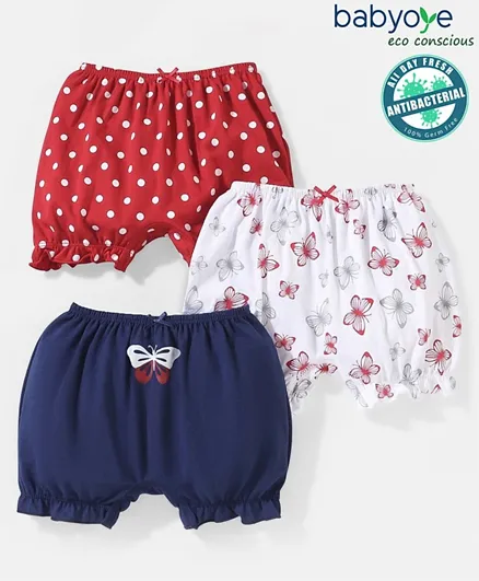 Babyoye Eco Conscious Anti Bacterial Cotton Bloomers Butterfly Print Pack of 3 - Red & Blue