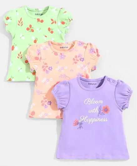 Babyoye Eco Conscious 100% Cotton Eco Jiva Finsih Short Sleeves Tee Floral Print Pack of 3 - Purple Green & Pink