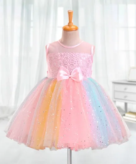 Babyhug Sleeveless Sequinned Party Frock With Bow - Multicolor