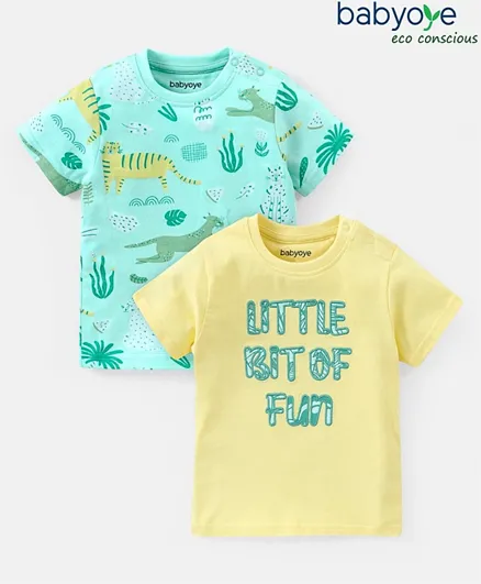 Babyoye 100% Cotton Half Sleeves T- Shirts Tiger and Text Print  - Yellow & Green