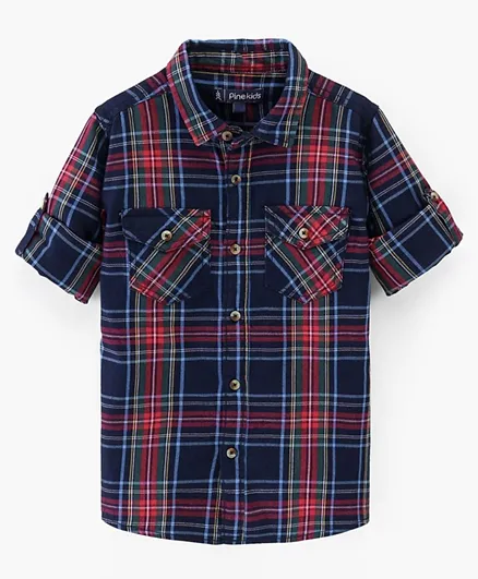 Pine Kids Cotton Turn Up Full Sleeves Check Shirt With Double Flap Pockets - Red Blue