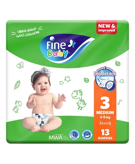 Fine Baby Diapers with Double Lock Leak Barriers Medium Size 3 - 13 Pieces
