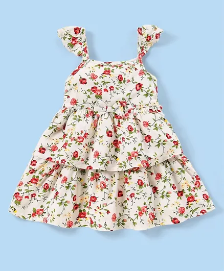 Babyhug Rayon Woven Frill Sleeves Floral Print Frock With Bow Applique - Offwhite