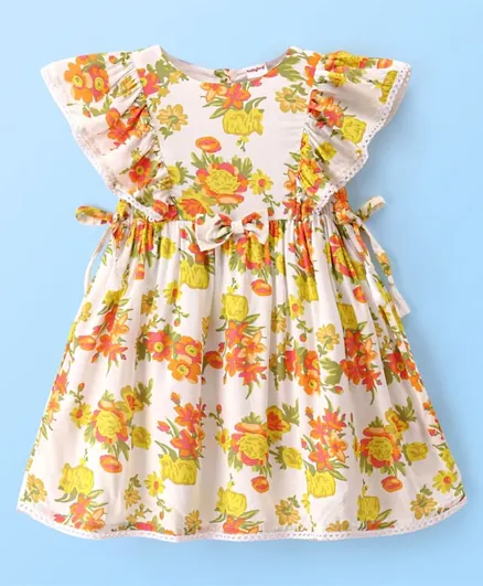 بيبي هاغ فستان بطبعة زهور وأكمام كشكش من القطن والرايون مع تطريز بو - أبيض