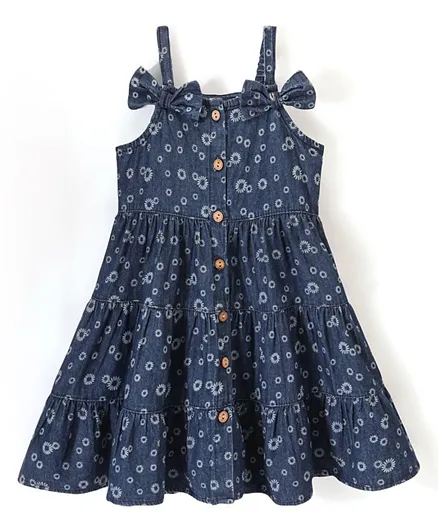 بيبي هاغ فستان بدون أكمام من الدنيم القطني 100% للأطفال مع تطريز بو وطبعة زهور - أزرق