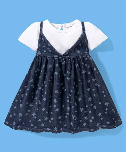 Babyhug Denim Star Printed Frock with Half Sleeves Inner Tee - Blue