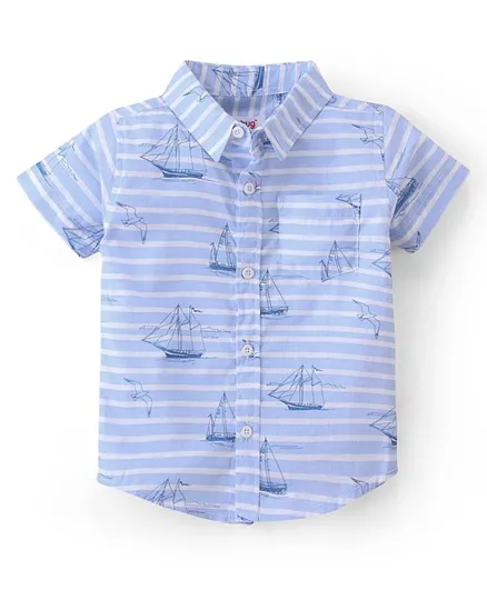 Babyhug 100% Cotton Half Sleeves Stripe with Boat Print Shirt - Blue