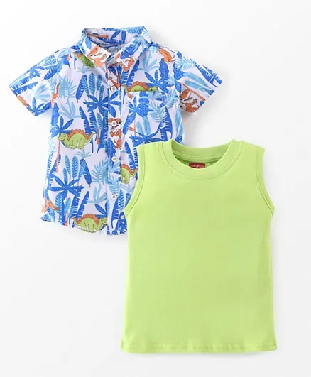 بيبي هاغ قميص بأكمام قصيرة مطبوع بنقشة ورق الشجر مع تيشيرت داخلي سادة - أبيض وأزرق وأخضر