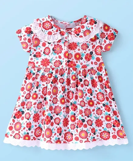 Babyhug 100% Cotton Knit Half Sleeves Frock With Floral Print - White & Red