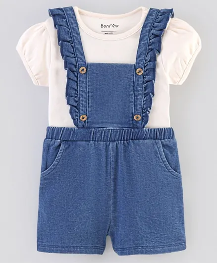 Bonfino 100% Cotton Knit Half Sleeves Dungarees With Inner Top - Peach & Blue