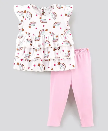 Bonfino Knit to Knit Short Sleeves Star Print Top and Leggings - Pink & Ivory