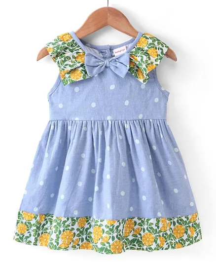 Babyhug Cotton Woven Sleeveless Frock With Dots Print & Bow Applique - Blue