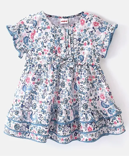 Babyhug Cotton Lurex Half Sleeves Frock With Floral Print  & Bow Applique - White