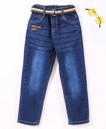 بيبي هاغ جينز دينيم كامل الطول قابل للتمدد مع تطريز نصي - أزرق