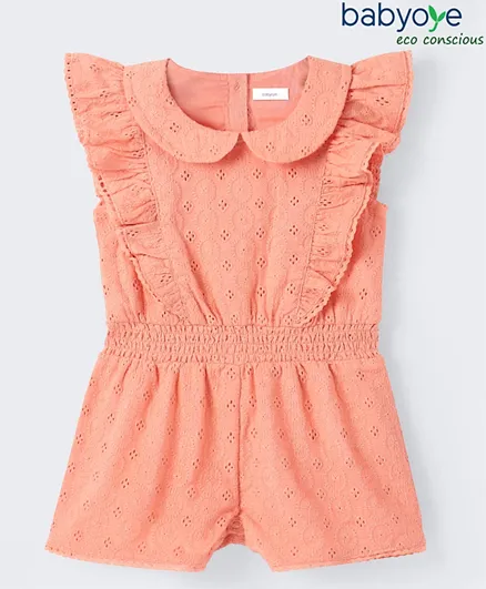 Babyoye Eco-Conscious Cotton Schiffli Sleeveless Jumpsuit with Frill Detailing - Peach