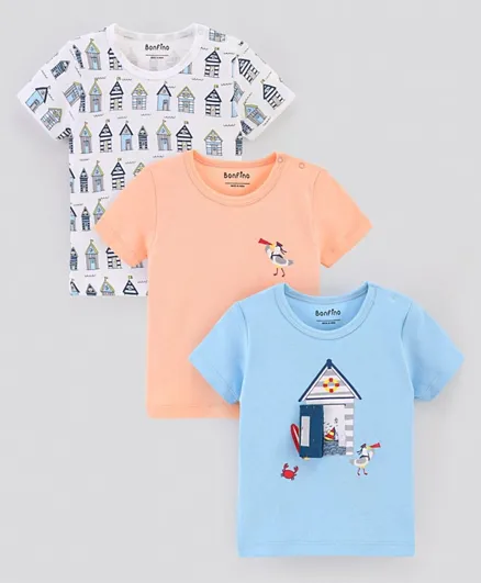 بونفينو قميص بأكمام نصفية وطباعة قلعة من القطن 100% مجموعة من 3 قطع - أبيض وأزرق وبرتقالي