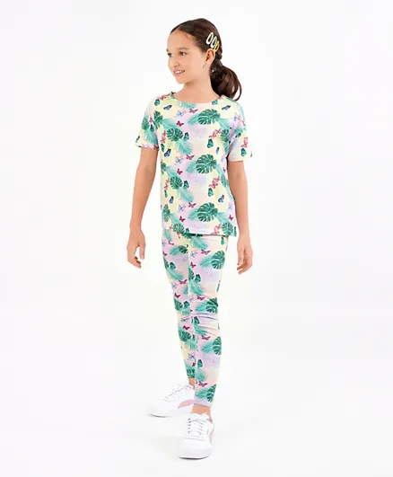 Primo Gino Cotton Elastane Half Sleeves Top & Leggings/Co-ord Set Floral Digital Print- Green & Pink