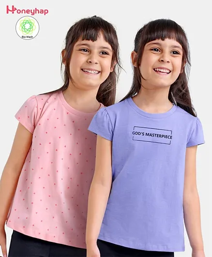 Honeyhap Premium Cotton Half Sleeves Bio Washed T-Shirt With Bio Finish Heart & Text Print Pack of 2- Glossamer Pink & Easter Egg