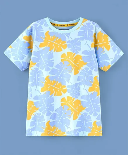 Pine Kids 100% Cotton Half Sleeves Biowashed T-Shirt Leaf Print- Blue