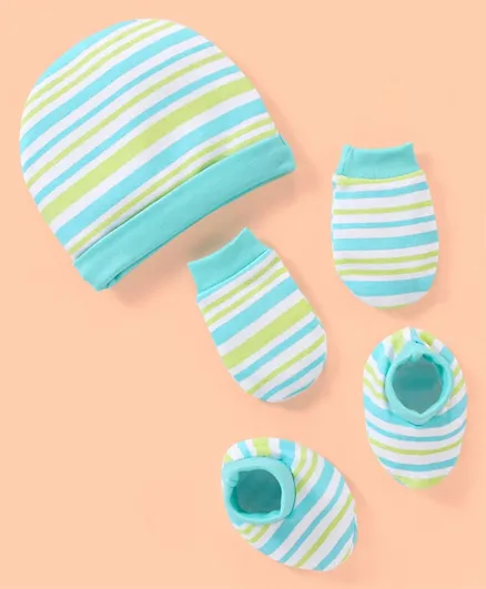 Babyhug 100% Cotton Cap Mittens & Booties Striped Print Blue - Cap Diameter 11.5 cm