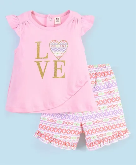 ToffyHouse Short Sleeves Glittery Text Printed Top & Shorts Set - Pink