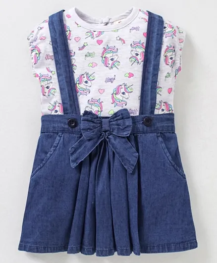 ToffyHouse Short Sleeves Unicorn Printed Top & Solid Colour Skirt with Suspender Bow Applique - Grey & Blue