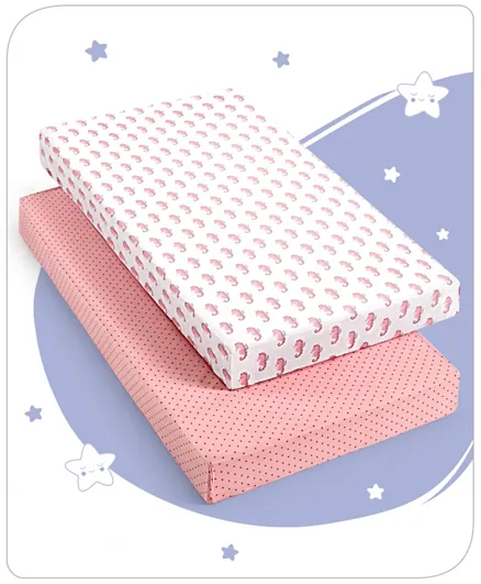 Babyhug Premium Cotton Fitted Crib Sheets Seahorse Theme Pack of 2 - Pink & White