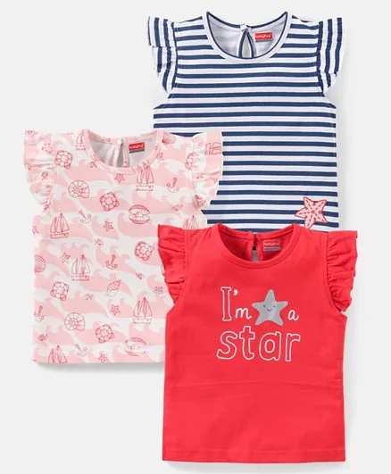 Babyhug 100% Cotton Frill Sleeves Striped and Beach Print Tee with Graphics Pack of 3 - Red & Pink