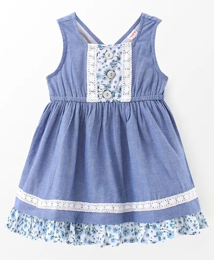 بيبي هاغ فستان قطني بدون أكمام وتصميم واسع وضيق مع تطريز وطبعة زهور - أزرق