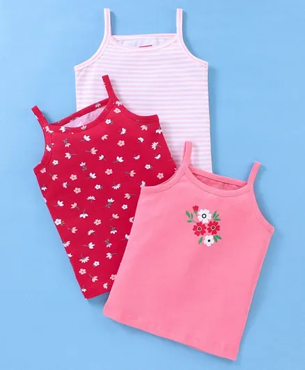 Babyhug 100% Cotton Sleeveless Striped Slips Floral Print Pack of 3 - Red & Pink