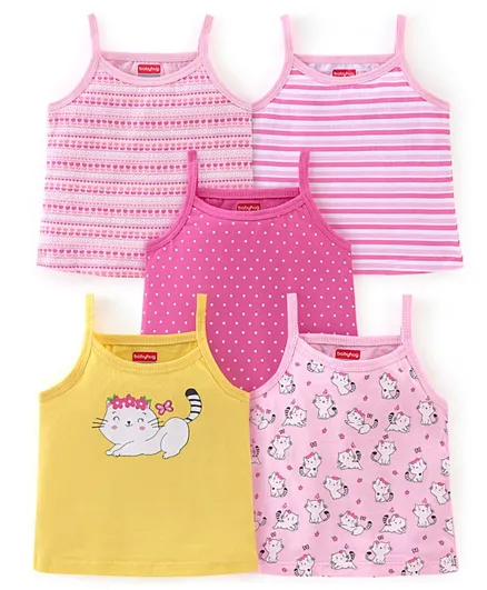 Babyhug 100% Cotton Knit Sleeveless Striped Slips Kitty Print Pack of 5 - Pink & Yellow