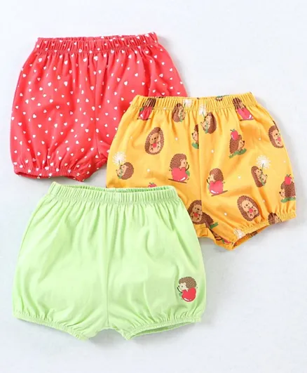 Babyhug 100% Cotton Knit Bloomers Heart Print Pack of 3 - Pink Yellow & Green