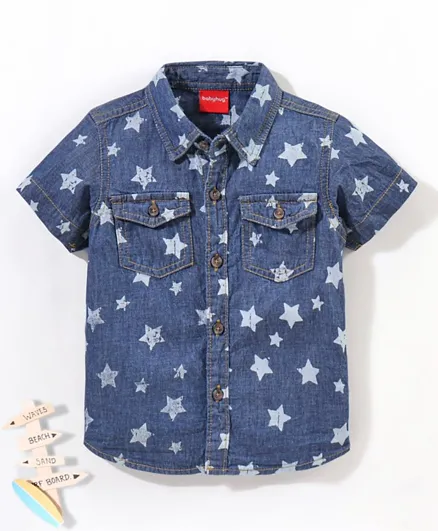 Babyhug 100% Cotton Half Sleeve Washed Denim Two Pocket Shirt Stars Print - Blue