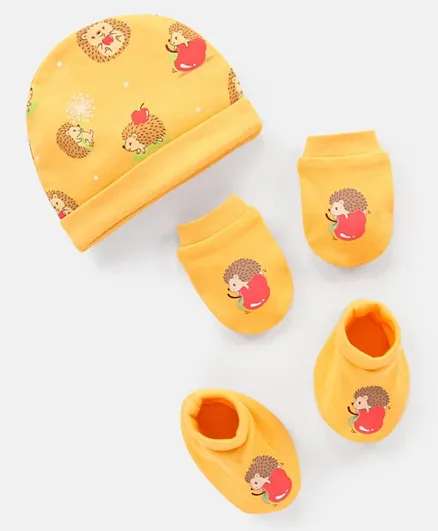 بيبي هاغ قبعة قطنية 100% وقفازات وجوارب للأطفال بطبعة نيص - أصفر