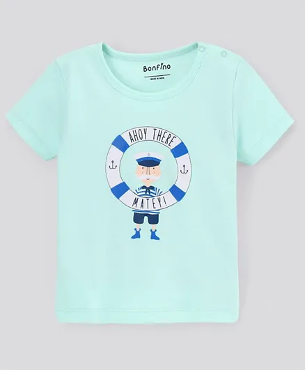Bonfino 100% Cotton Half Sleeves T-shirt & Pants Sailor Print - Green & Blue