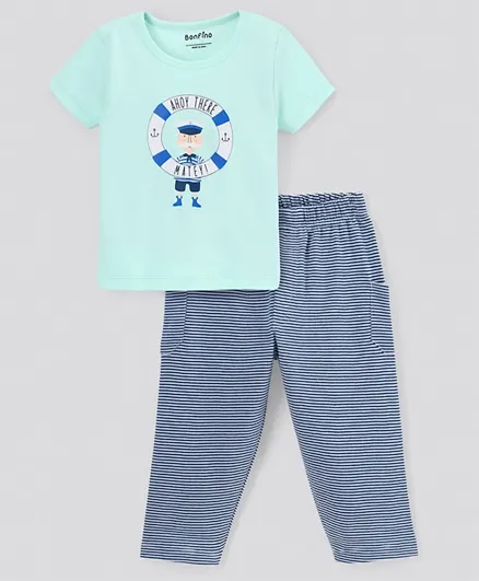 Bonfino 100% Cotton Half Sleeves T-shirt & Pants Sailor Print - Green & Blue