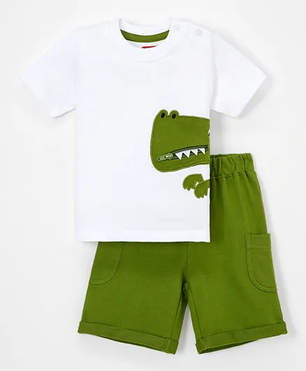 Babyhug 100% Cotton Half Sleeves T-Shirt & Shorts Set Dino Embroidery- White & Green