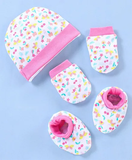 Babyhug 100% Cotton Cap Mittens & Booties Floral Print- Pink
