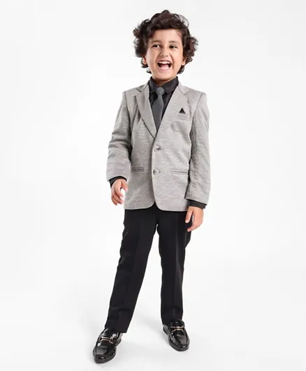 Babyhug Full Sleeves Four Way Stretch Fit Textured Party Suit With Blazer & Tie- Grey