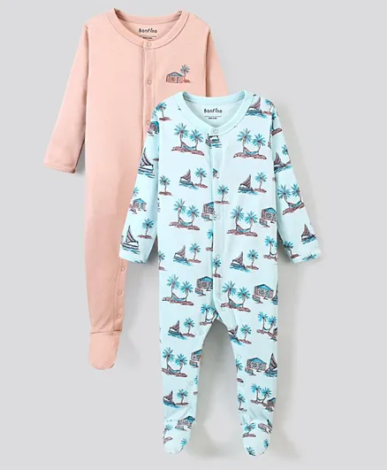 Bonfino 100% Cotton Full Sleeves Footed Sleep Suit Lemon & Pomegranate Print Pack of 2- Blue & Pink