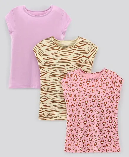 بريمو جينو قمصان قطنية 100% بأكمام قصيرة مع طبعة الفهد - طقم من 3 قطع باللون الوردي والبيج والبني