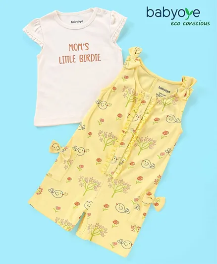 Babyoye Eco-Conscious 100% Cotton with Eco Jiva Finish Dungaree & Cap Sleeves Tee Set Birds Print - Yellow