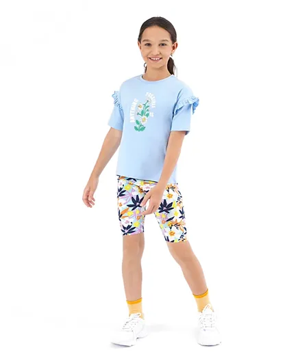 Primo Gino Cotton Elastane Half Sleeves T-Shirt with Shorts Floral Print -Blue & Off White