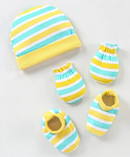 Babyhug 100% Cotton Knit Striped Cap Mittens & Booties Set Blue & Yellow - Diameter - 10.5 cm