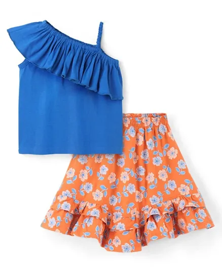 Ollington St. 100% Cotton Sleeveless One Shoulder Frill Top & Knitted Floral Print Frill Skirt -Blue & Orange