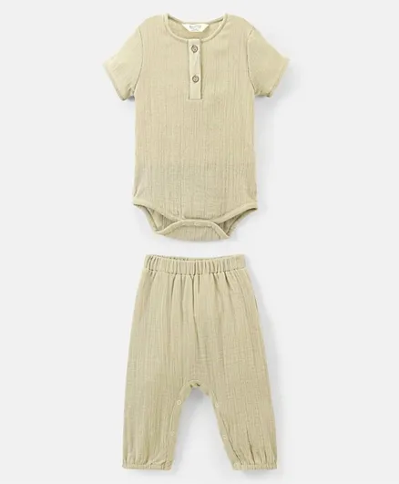 Bonfino 100% Cotton Short Sleeves Solid Onesie & Lounge Pant Set - Beige
