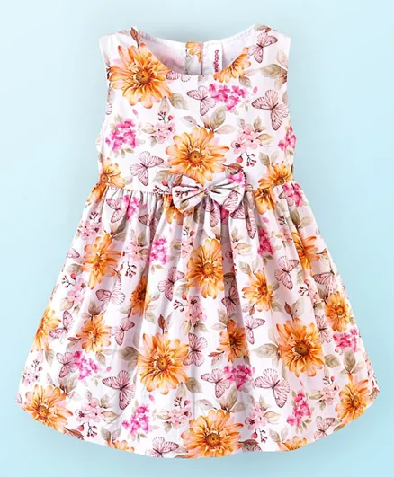 بيبي هاغ فستان واسع بلا أكمام بطبعة زهور من القطن 100% مع تطريز بو - أبيض