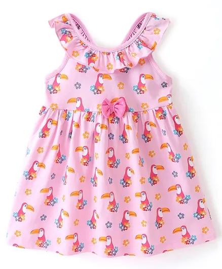 Babyhug 100% Cotton Knit Sleeveless Frock With Toucan Print & Bow Applique - Pink