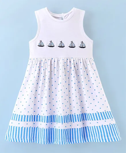 Babyhug 100% Cotton Knit Sleeveless Frock Boat & Polka Dot Print- White