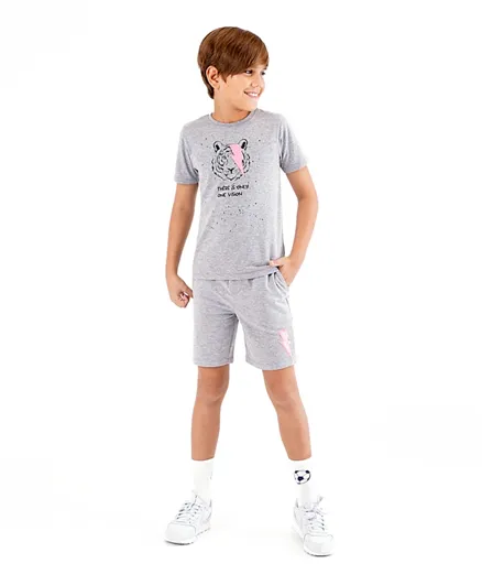 Primo Gino 100% Cotton Half Sleeves T-Shirt & Shorts Set Tiger Print With Sequins- Grey
